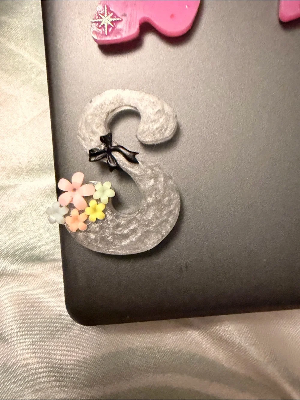 Silver Letter 'S' Decorative Accent with Pastel Flowers
